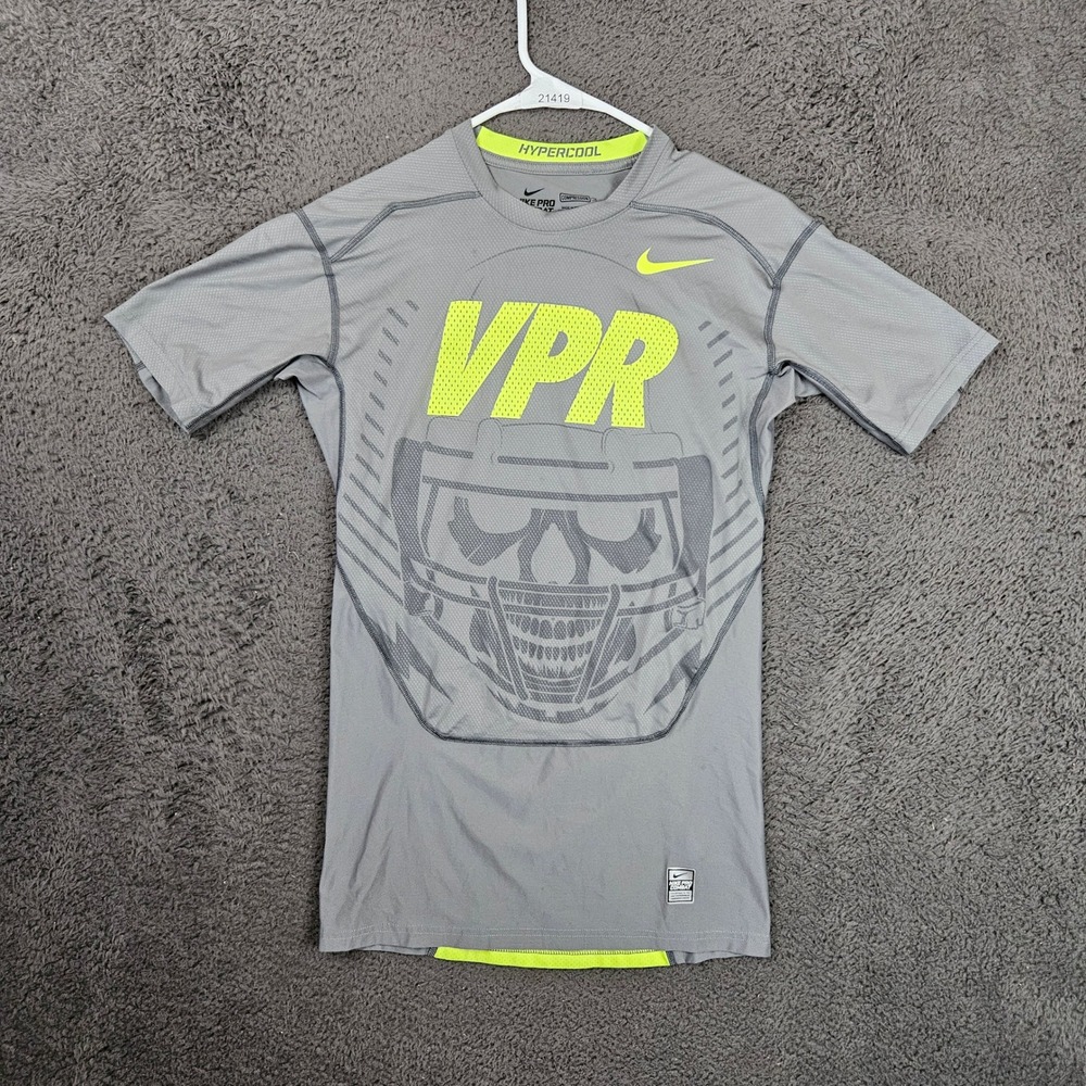 Nike‎ Pro Combat Hypercool Skull Compression Shirt Gray Neon Mens M 651275-039